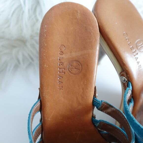 Clarks Y2K Clio Teal Blue Suede Slip-on Tan Leather Wooden High Heels - Picture 4 of 13